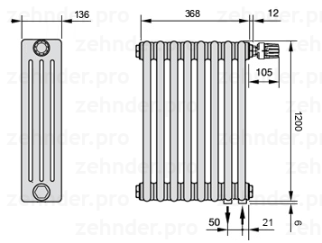 Схема (чертеж) Радиатор Zehnder Charleston 4120/8 №V002 Белый глянцевый RAL 9016